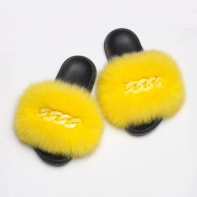 Women’s Fluffy Fox Fur Chain Slides - A-1 Thread Vault