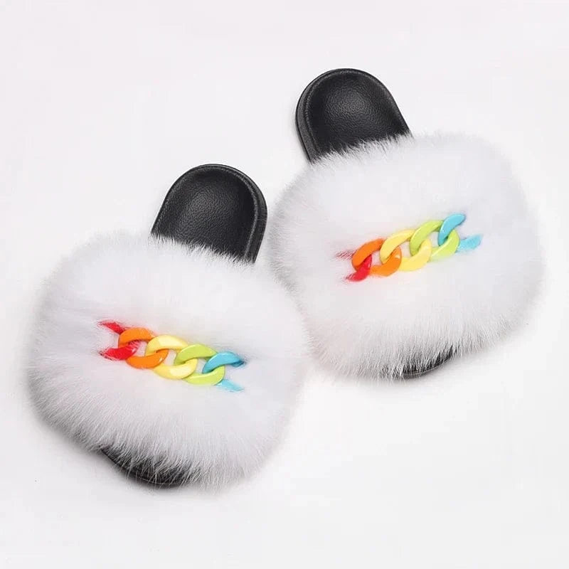 Women’s Fluffy Fox Fur Chain Slides - A-1 Thread Vault
