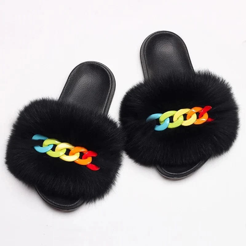 Women’s Fluffy Fox Fur Chain Slides - A-1 Thread Vault