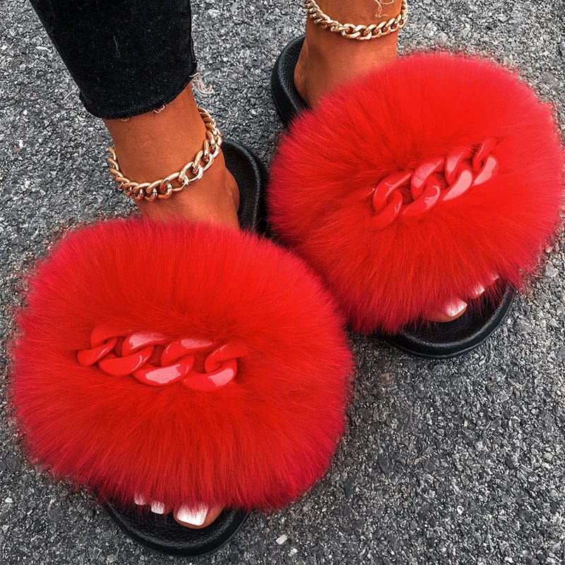 Women’s Fluffy Fox Fur Chain Slides - A-1 Thread Vault