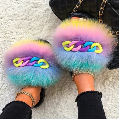 Women’s Fluffy Fox Fur Chain Slides - A-1 Thread Vault