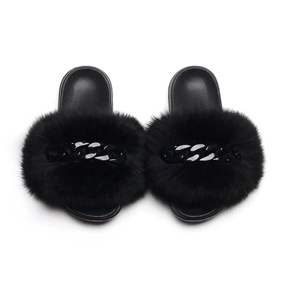 Women’s Fluffy Fox Fur Chain Slides - A-1 Thread Vault