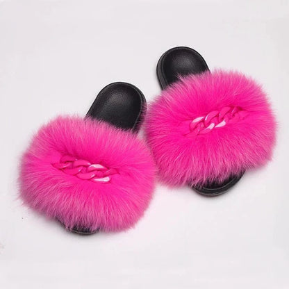Women’s Fluffy Fox Fur Chain Slides - A-1 Thread Vault
