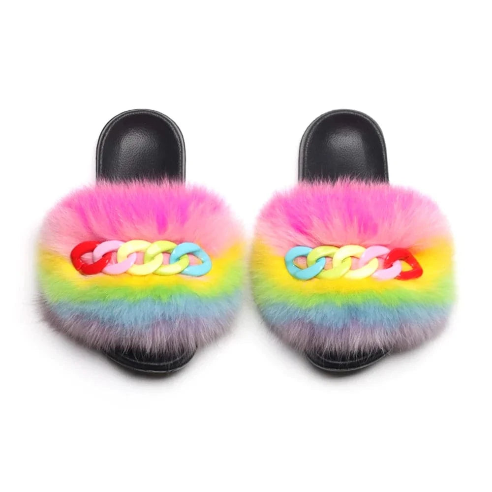 Women’s Fluffy Fox Fur Chain Slides - A-1 Thread Vault