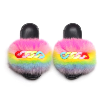 Women’s Fluffy Fox Fur Chain Slides - A-1 Thread Vault