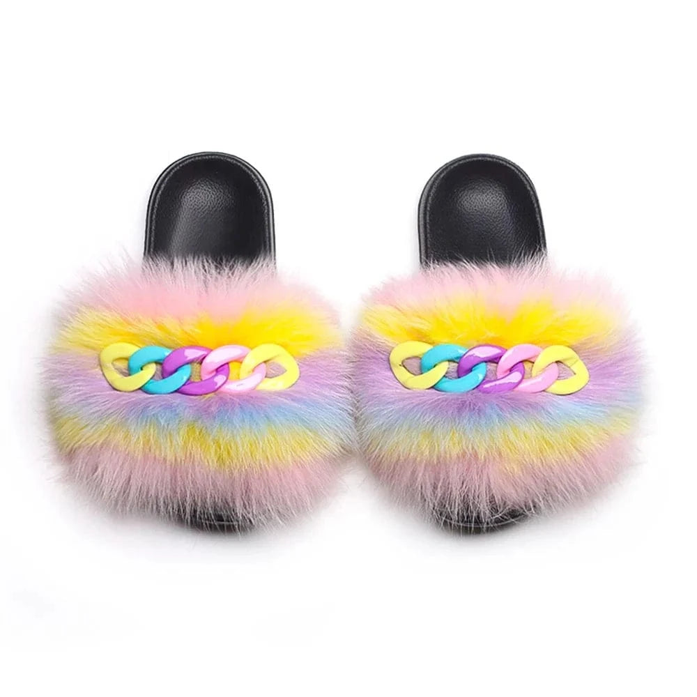 Women’s Fluffy Fox Fur Chain Slides - A-1 Thread Vault
