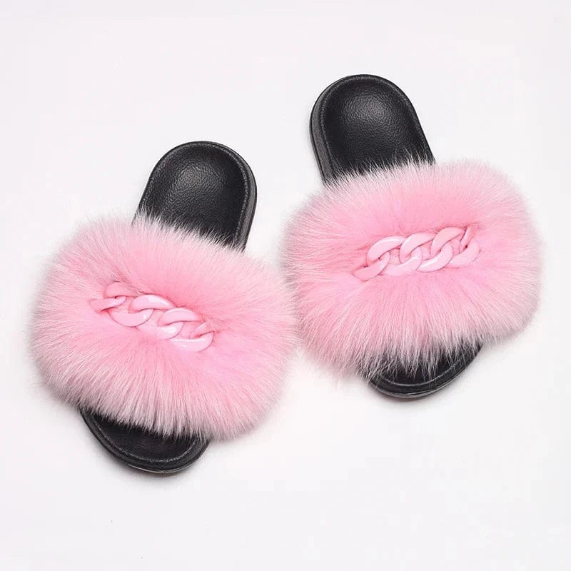 Women’s Fluffy Fox Fur Chain Slides - A-1 Thread Vault