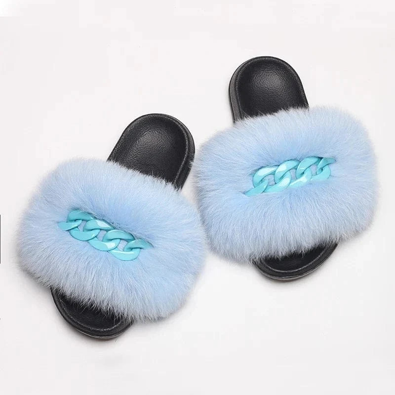 Women’s Fluffy Fox Fur Chain Slides - A-1 Thread Vault