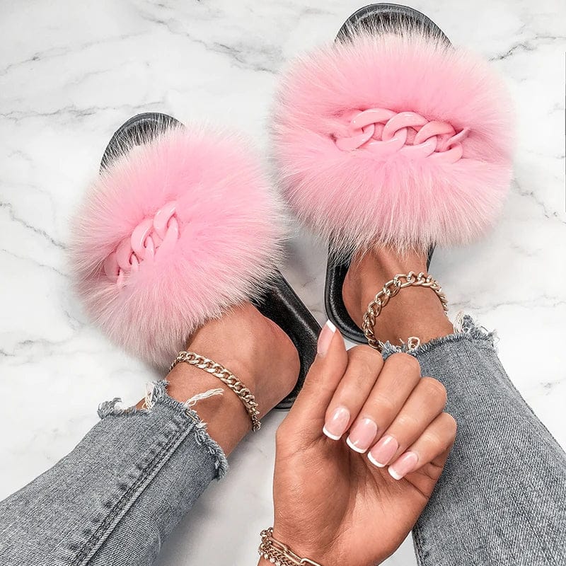 Women’s Fluffy Fox Fur Chain Slides - A-1 Thread Vault