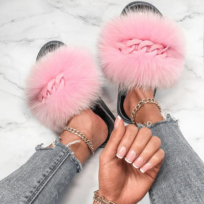 Women’s Fluffy Fox Fur Chain Slides - A-1 Thread Vault