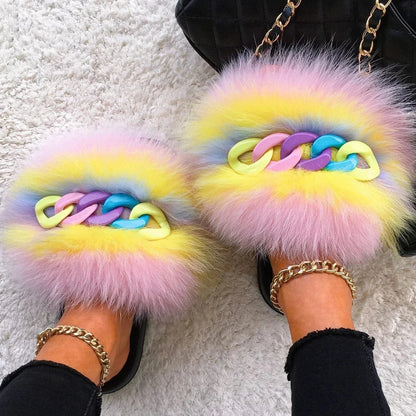Women’s Fluffy Fox Fur Chain Slides - A-1 Thread Vault
