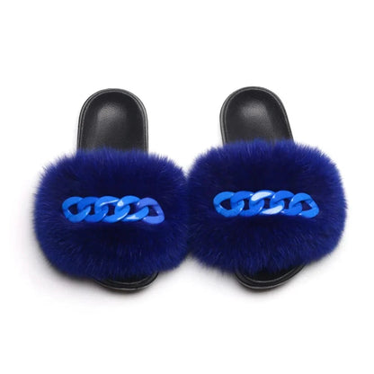 Women’s Fluffy Fox Fur Chain Slides - A-1 Thread Vault