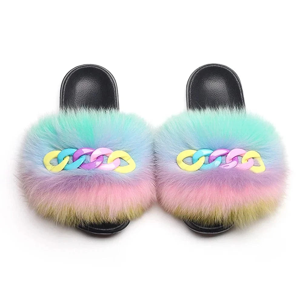 Women’s Fluffy Fox Fur Chain Slides - A-1 Thread Vault