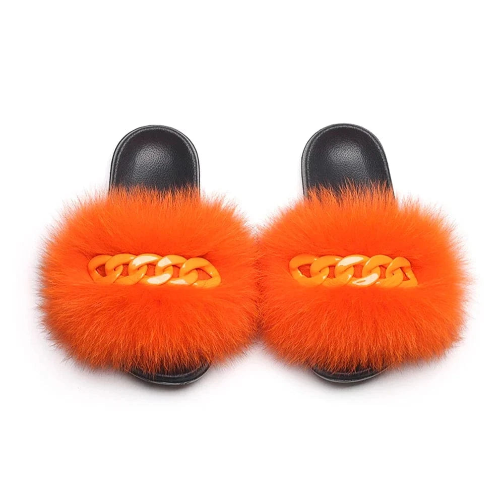 Women’s Fluffy Fox Fur Chain Slides - A-1 Thread Vault