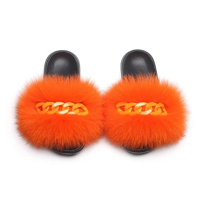 Women’s Fluffy Fox Fur Chain Slides - A-1 Thread Vault