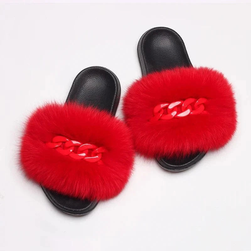 Women’s Fluffy Fox Fur Chain Slides - A-1 Thread Vault