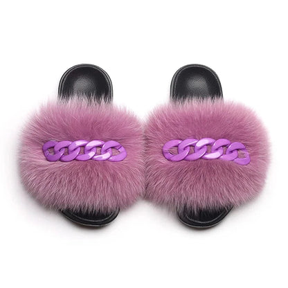 Women’s Fluffy Fox Fur Chain Slides - A-1 Thread Vault