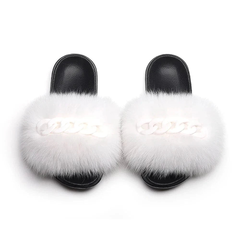 Women’s Fluffy Fox Fur Chain Slides - A-1 Thread Vault