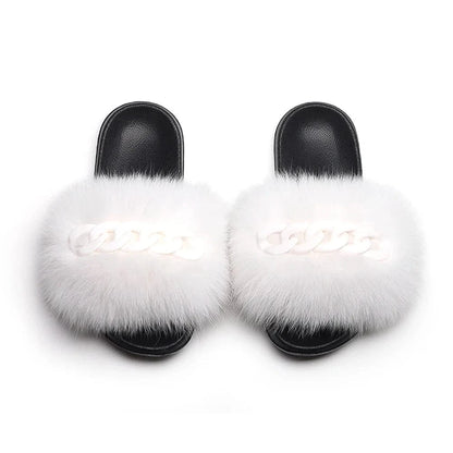 Women’s Fluffy Fox Fur Chain Slides - A-1 Thread Vault