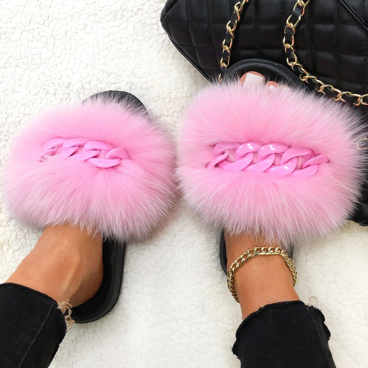 Women’s Fluffy Fox Fur Chain Slides - A-1 Thread Vault