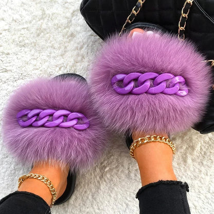 Women’s Fluffy Fox Fur Chain Slides - A-1 Thread Vault