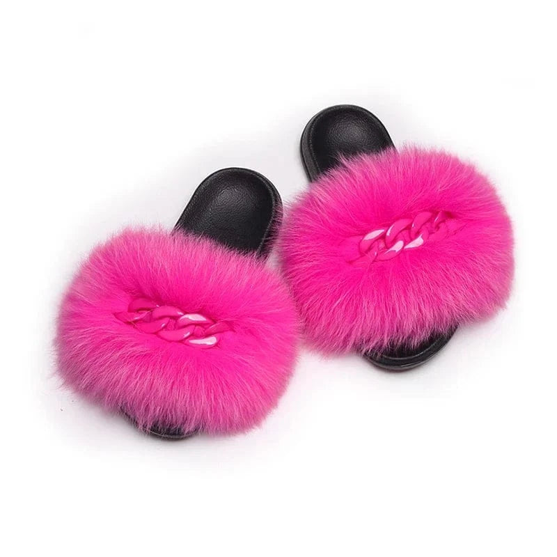 Women’s Fluffy Fox Fur Chain Slides - A-1 Thread Vault