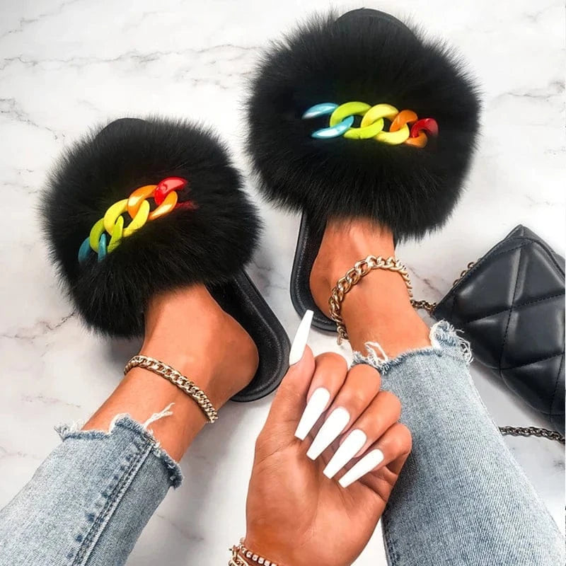 Women’s Fluffy Fox Fur Chain Slides - A-1 Thread Vault