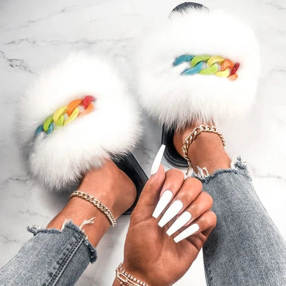 Women’s Fluffy Fox Fur Chain Slides - A-1 Thread Vault