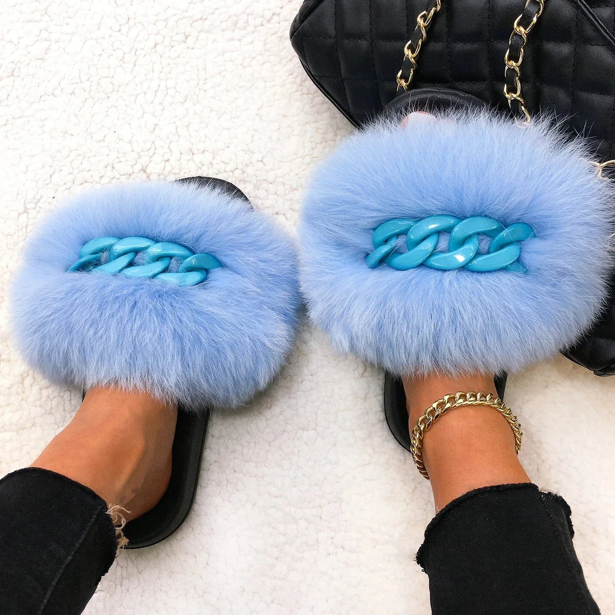 Women’s Fluffy Fox Fur Chain Slides - A-1 Thread Vault