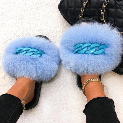 Women’s Fluffy Fox Fur Chain Slides - A-1 Thread Vault
