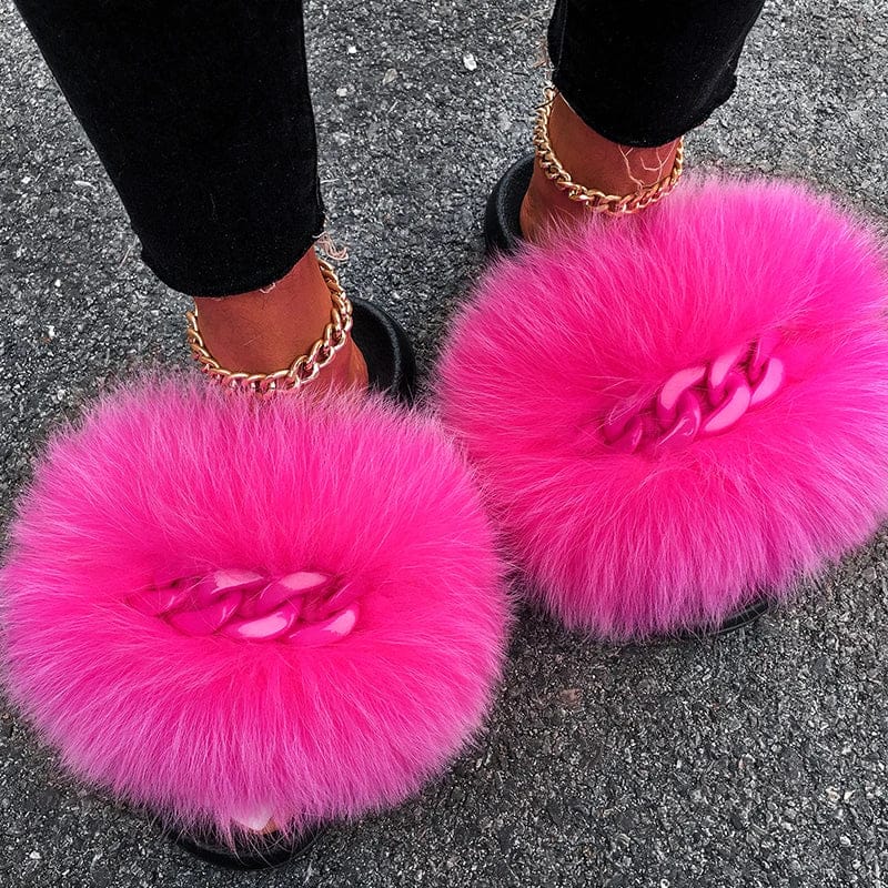 Women’s Fluffy Fox Fur Chain Slides - A-1 Thread Vault