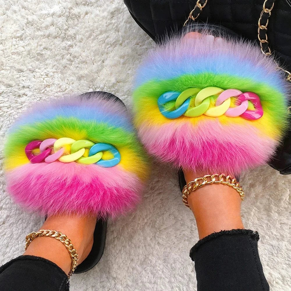 Women’s Fluffy Fox Fur Chain Slides - A-1 Thread Vault