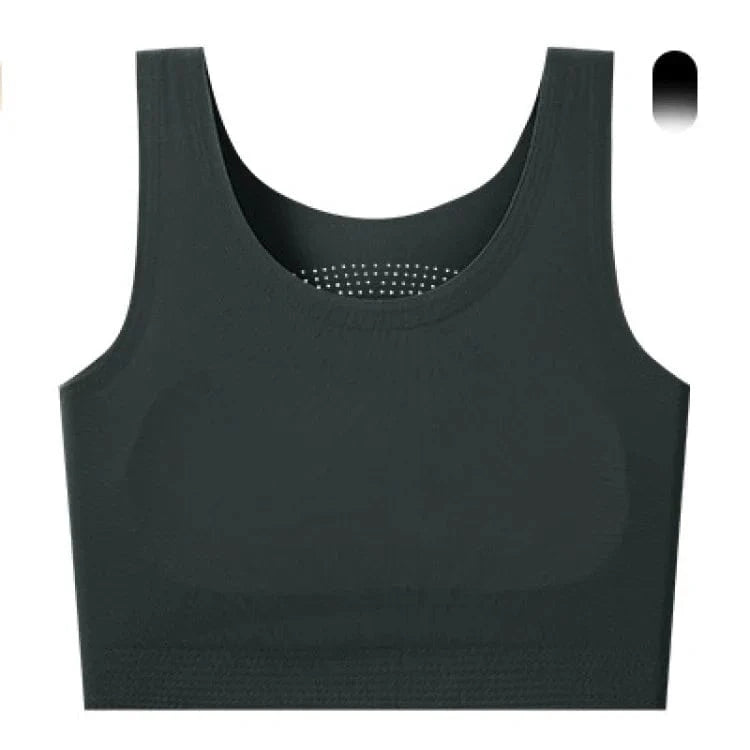 A dark grey seamless sports bra with a rounded neckline and a subtle perforated detail on the upper chest area.