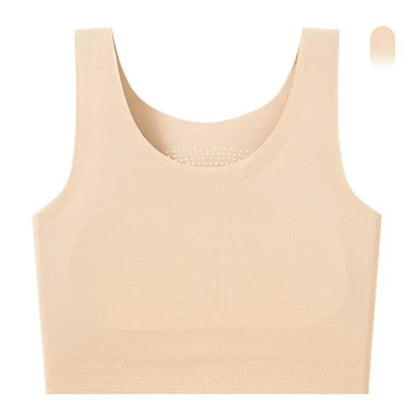 A beige seamless crop top bra with a scoop neckline and a wide ribbed band along the bottom hem.