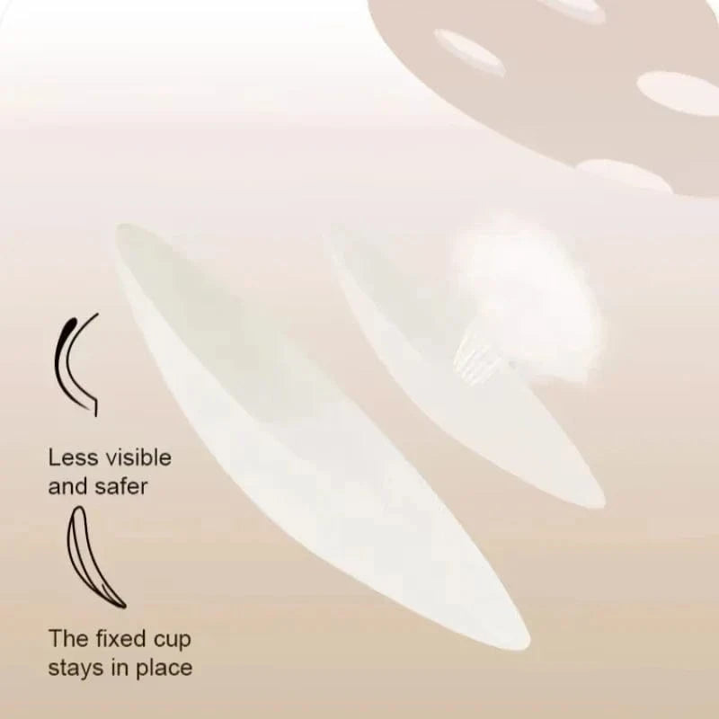 Two illustrated bra cups are shown side-by-side, with one labeled as less visible and safer and the other described as a fixed cup that stays in place.