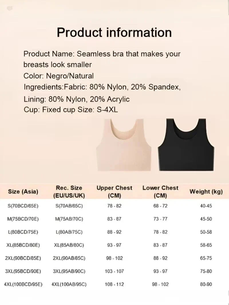 A beige and black seamless tank-style bra are displayed next to a size chart table for a product titled Seamless bra that makes your breasts look smaller.