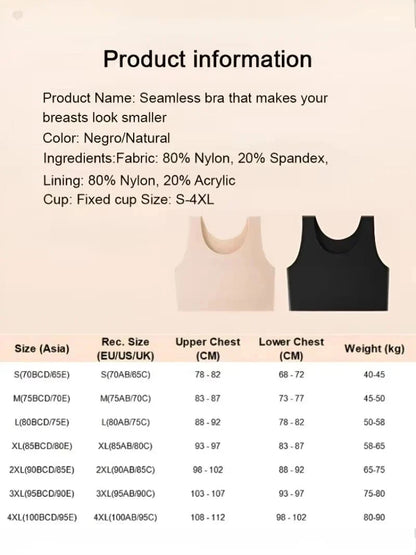 A beige and black seamless tank-style bra are displayed next to a size chart table for a product titled Seamless bra that makes your breasts look smaller.