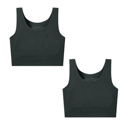 Two identical charcoal gray cropped sports bras are shown against a plain white background.
