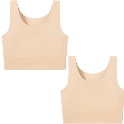 Two seamless, beige-colored sports bras shown from the front against a plain white background.