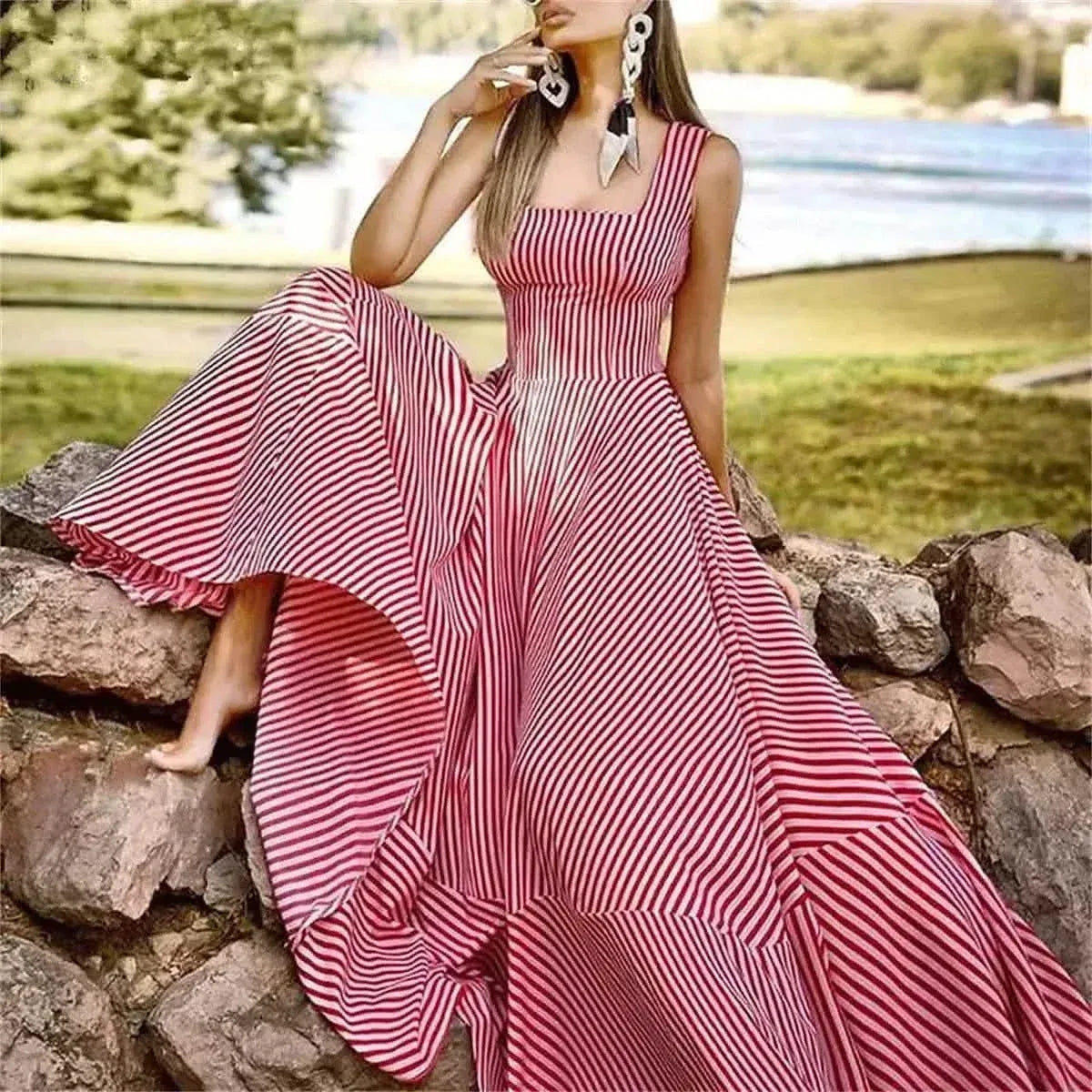 Women's Long A Line Striped Maxi Dress - A-1 Thread Vault