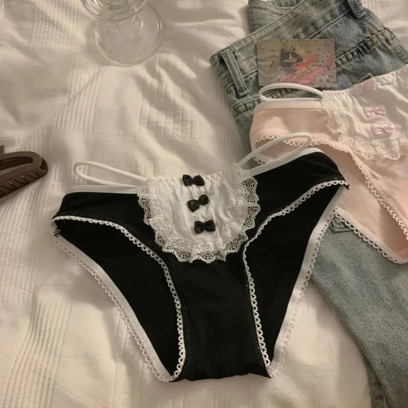Women's Low Waist Breathable Pink Cute Cotton Panties Comfortable Student Briefs Sweet Bow Sexy Lace Underwear - A-1 Thread Vault