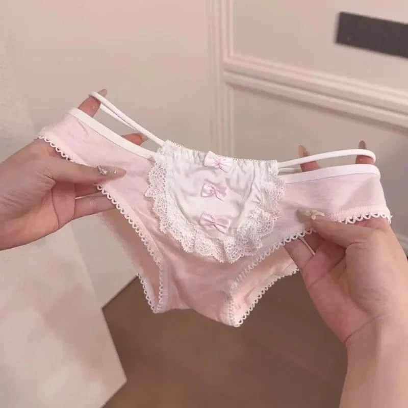 Women's Low Waist Breathable Pink Cute Cotton Panties Comfortable Student Briefs Sweet Bow Sexy Lace Underwear - A-1 Thread Vault