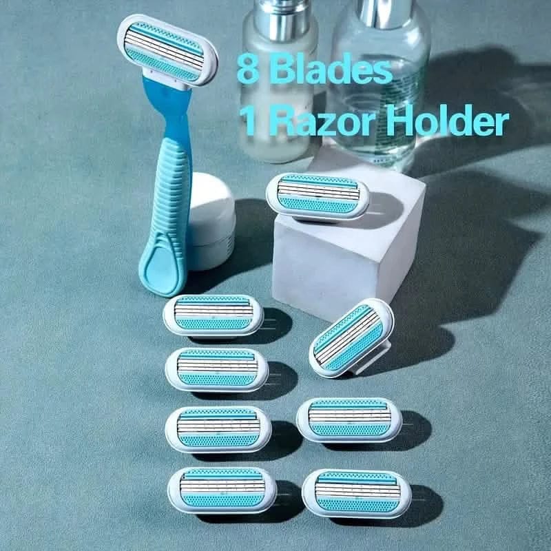 Women's Manual Hair Removal Tool, 1 Handle + 8 Blades, 3-layer Stainless Steel Blades, Non Slip Handle - A-1 Thread Vault