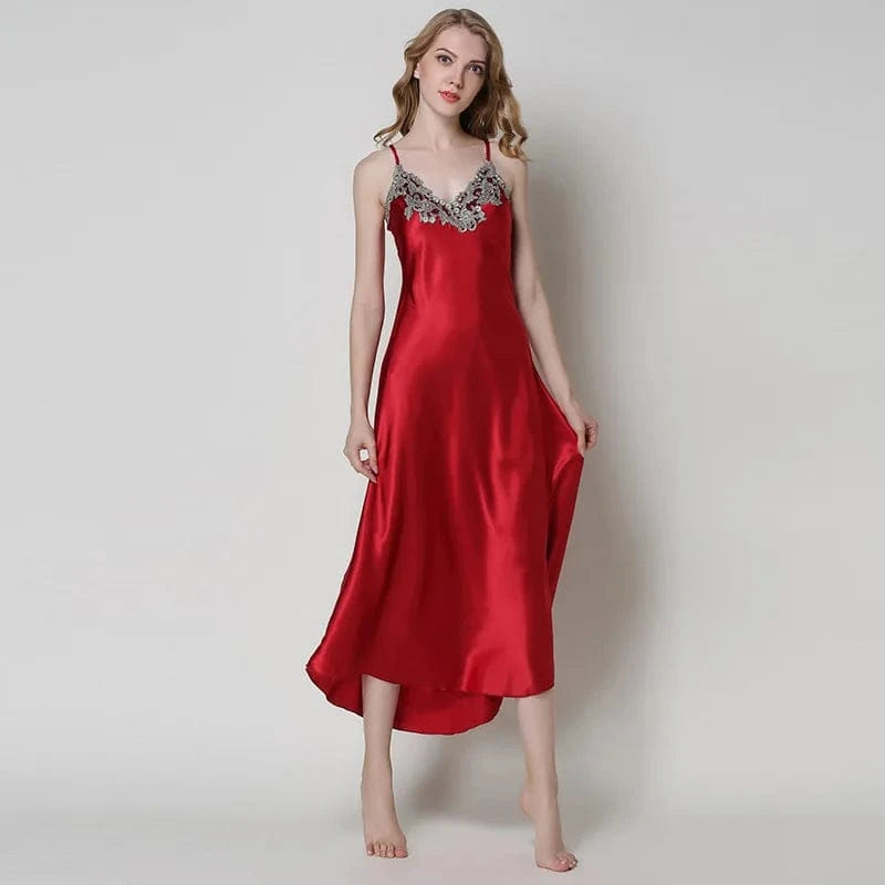 Women's Nightdress Lace Satin Nightgowns Sexy Lingerie Long Chemise Sleepwear - A-1 Thread Vault