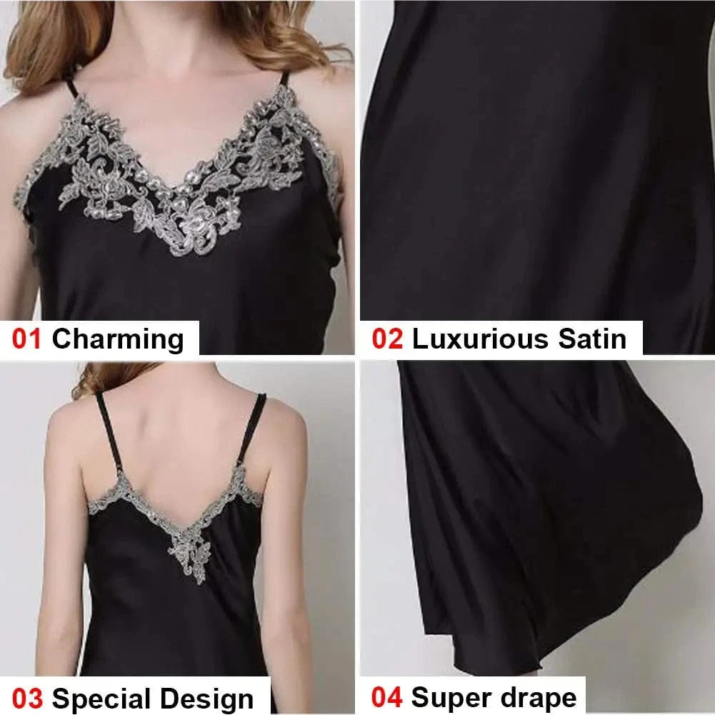 Women's Nightdress Lace Satin Nightgowns Sexy Lingerie Long Chemise Sleepwear - A-1 Thread Vault