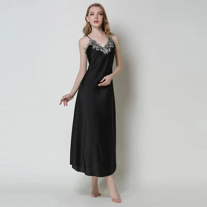 Women's Nightdress Lace Satin Nightgowns Sexy Lingerie Long Chemise Sleepwear - A-1 Thread Vault