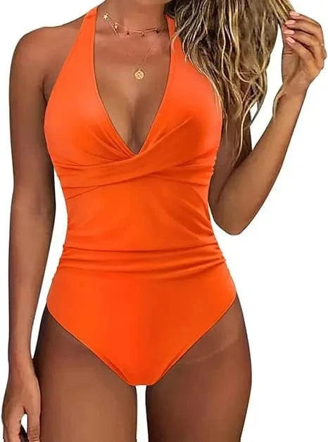 Women's One Piece Swimsuits Tummy Control Bathing Suits for Womens Halter V Neck Criss Cross Ruched Push Up Slimming Swimwear - A-1 Thread Vault
