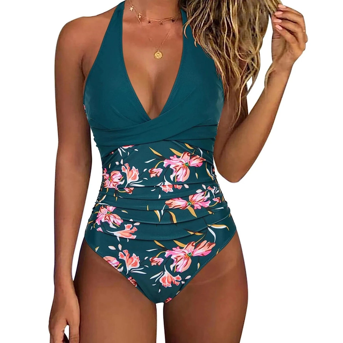 Women's One Piece Swimsuits Tummy Control Bathing Suits for Womens Halter V Neck Criss Cross Ruched Push Up Slimming Swimwear - A-1 Thread Vault