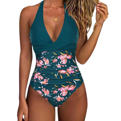 Women's One Piece Swimsuits Tummy Control Bathing Suits for Womens Halter V Neck Criss Cross Ruched Push Up Slimming Swimwear - A-1 Thread Vault