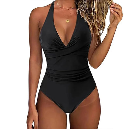 Women's One Piece Swimsuits Tummy Control Bathing Suits for Womens Halter V Neck Criss Cross Ruched Push Up Slimming Swimwear - A-1 Thread Vault
